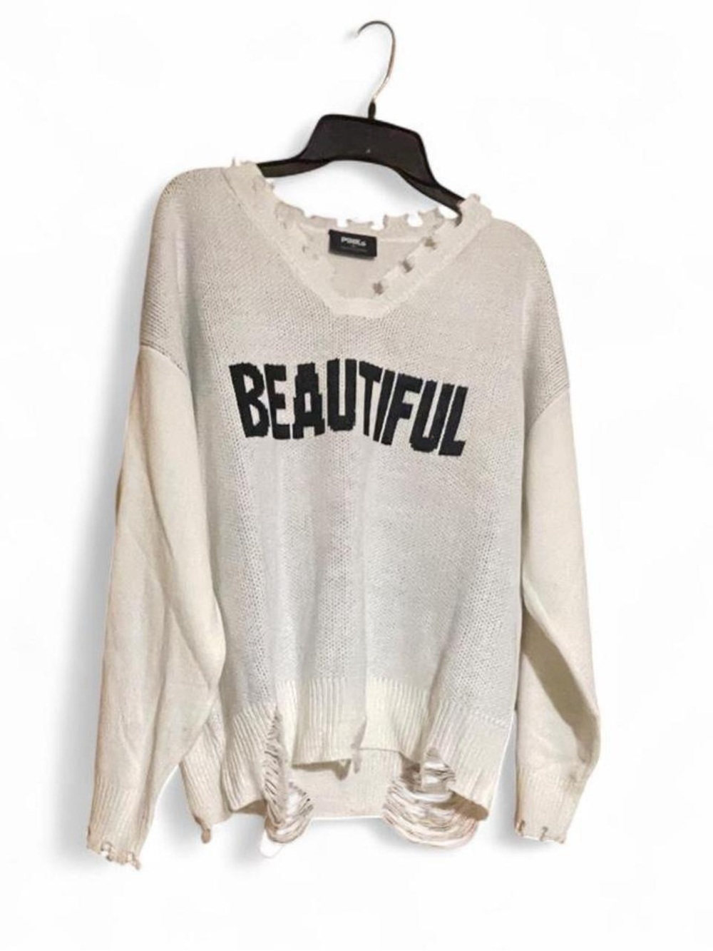 Pinko Off-White Distressed Knit Sweater with BLACK "BEAUTIFUL" Graphic
